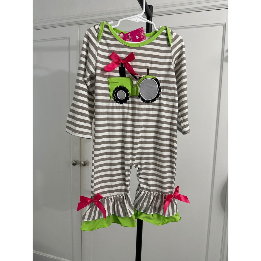 Kids 2T Gray White Stripe Long Sleeve Tractor Applique Romper Ruffles Bows‎